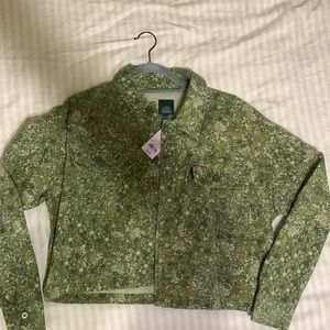 Floral detailed green denim jacket